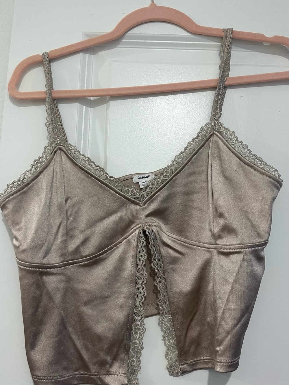 Garage Satin Lace Trim Cropped Cami - Taupe